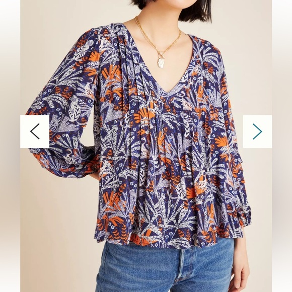 Maeve by Anthropologie Cathy Pleated Blouse Blue Jungle Print Size S - Picture 11 of 11